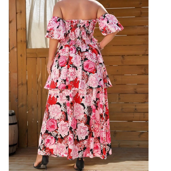 Plus Boho Floral Print Off Shoulder Shirred Top Maxi Skirt Set - Picture 3 of 3